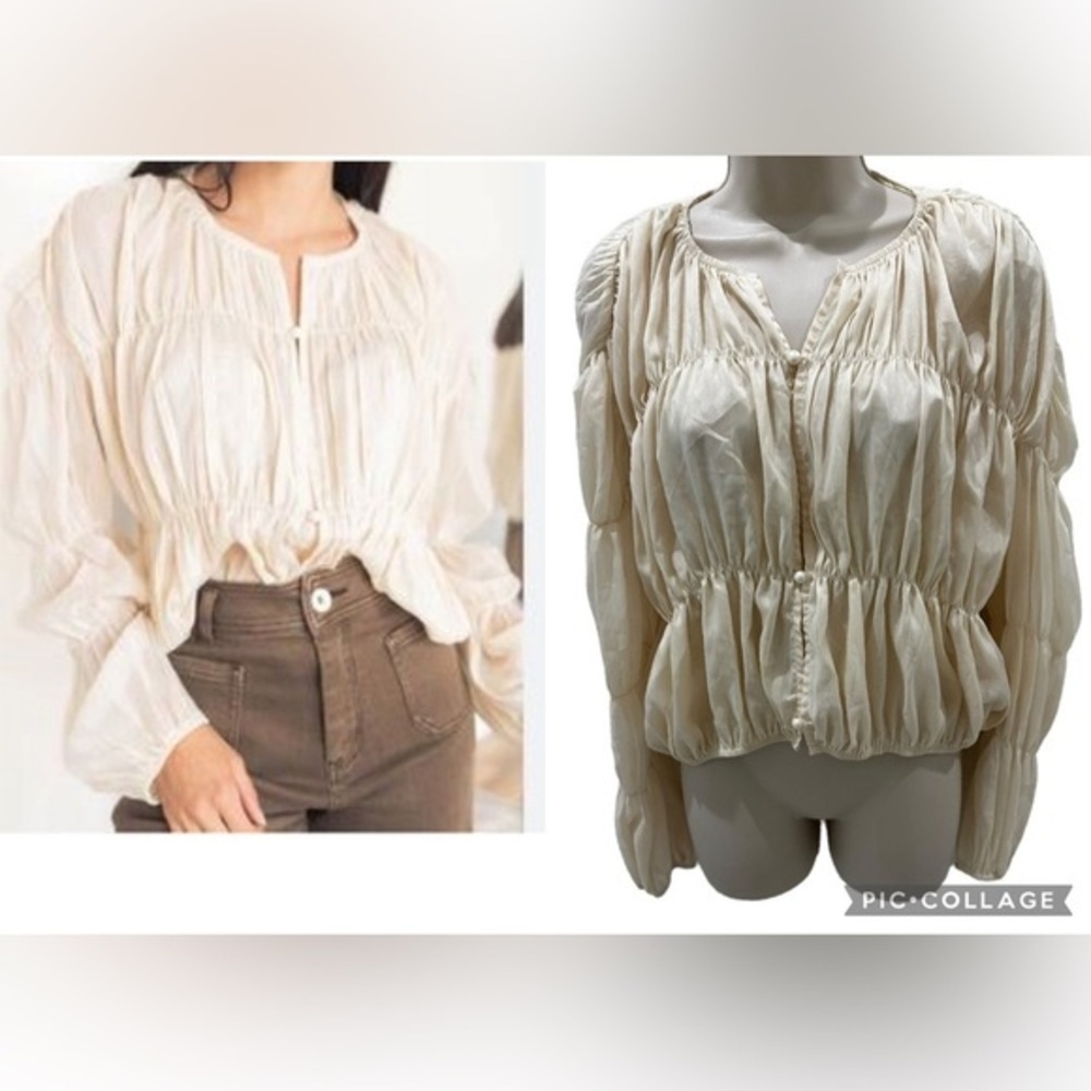 Cloud Ten Vintage smocked bubble long sleeve sheer metallic glitter top